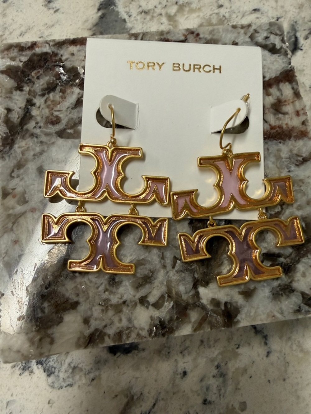 Tory Burch Pink and Gold Double-Logo Drop Earrings